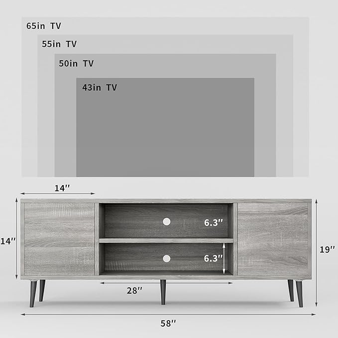 JUMMICO TV Stand for 65 Inch TV, Mid Century Modern TV Stand, Entertainment Center with Storage Cabinet and Open Shelves, TV Console Table Media Cabinet for Living Room, Bedroom and Office (Gray)-NeatNest