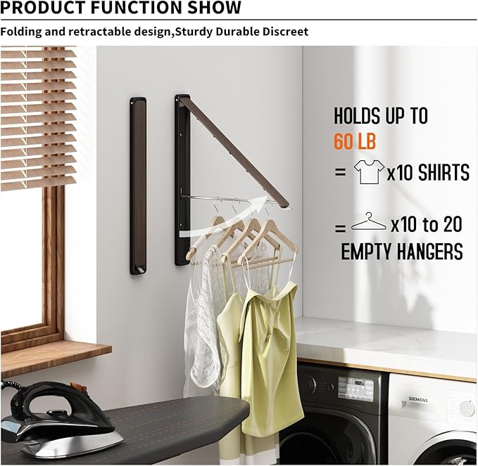 Clothes Drying Rack for Laundry Drying Rack Wall Mounted Clothes Hanger Rack Retractable Laundry Hanger Dryer Rack Space Saving Closet Organizer Aluminium (Walnut)-NeatNest