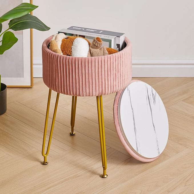 IBUYKE Velvet Storage Footrest Stool Ottoman, Makeup Vanity Stool Side Table with Golden Steel Legs Removable Cover, Coffee Table Top Cover, Pink LG-20P