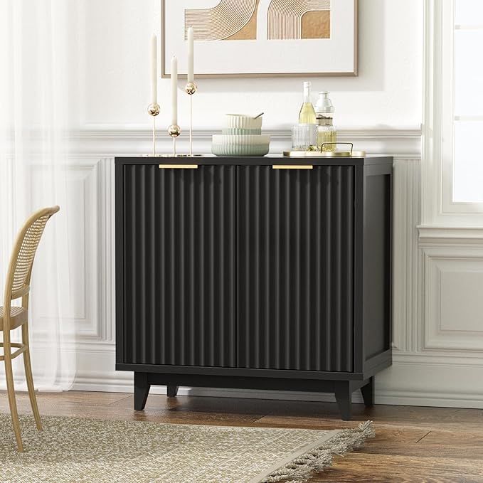 Fluted Cabinet with Storage, 2 Doors Sideboard Buffet, Mid Century Modern Accent Cabinet with Adjustable Shelves, Multifunctional Console Table with Storage for Living Room, Kitchen, Entryway