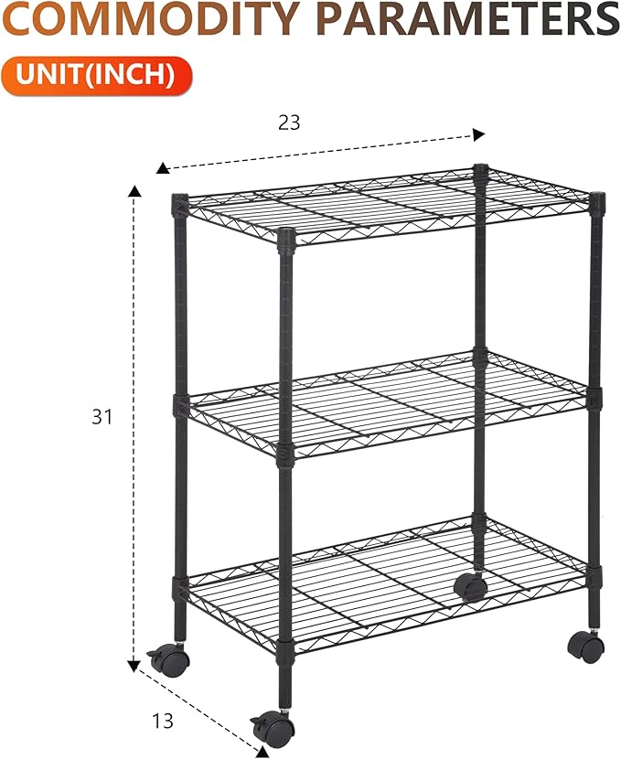 BestOffice 3-Tier Adjustable Wire Shelving Storage Shelves Heavy Duty Shelving Unit with Wheels for Small Places Kitchen Garage Balcony,Black-NeatNest