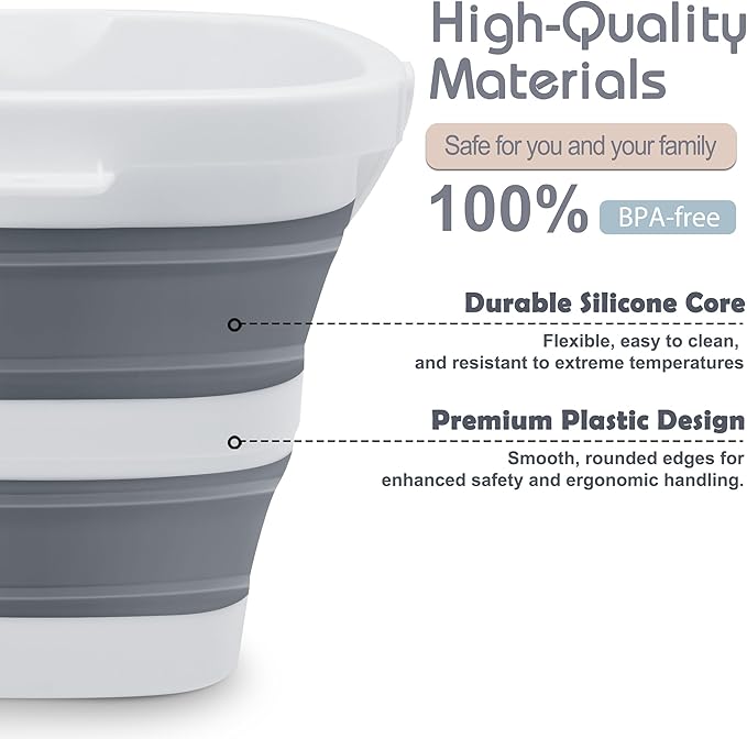 2 Pack Small Collapsible Buckets, 1.4Gal/5L BPA-Free - Foldable Water Pails for Car Washing, Camping, Beach - Portable Lightweight Storage Set for Outdoor, RV, Travel (Grey)-NeatNest