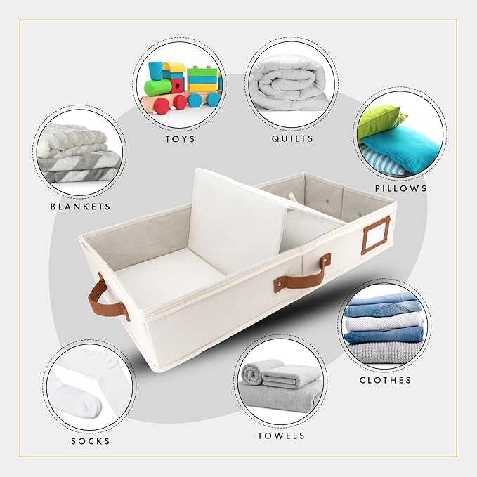 HOMELUX THEORY 2pc Under Bed Storage Containers, Bedroom Under the Bed Drawer Storage Organizer with Bins and Lids, Medium Underbed Clothes Storage Box Ideal for Blanket, Fabric, & Shoes (Ivory)-NeatNest