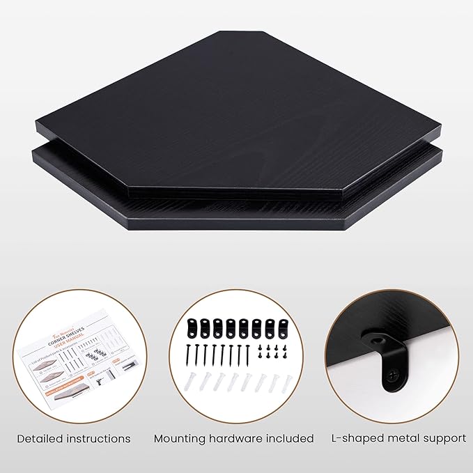 Corner Shelf Wall Mount, Floating Corner Shelves, Set of 2 Corner Wall Shelf Organizer, Rustic Wood Wall Storage Display Shelves for Living Room Bedroom Bathroom Kitchen, Classic Black-NeatNest