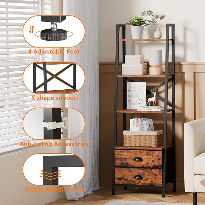 Furologee 4-Tier Ladder Shelf,Small Bookshelf with 2 Drawers,Vertical Bookcase Storage Rack Organizer,Rustic Bookshelves for Living Room,Bedroom,Bathroom,Home Office,Kitchen,Rustic Brown