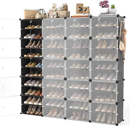 Portable Shoe Rack Organizer with Door, 80 Pairs Shoe Storage Cabinet Easy Assembly, Plastic Adjustable Shoe Storage Organizer Stackable Detachable Free Standing DIY Expandable 10 Tier Black-NeatNest