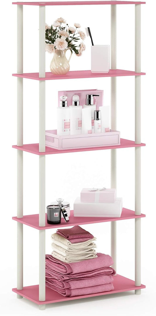Furinno Turn-N-Tube Multipurpose Shelf / Display Rack / Storage Shelf / Bookshelf, 5-Tier Round Tube, Pink/White-NeatNest