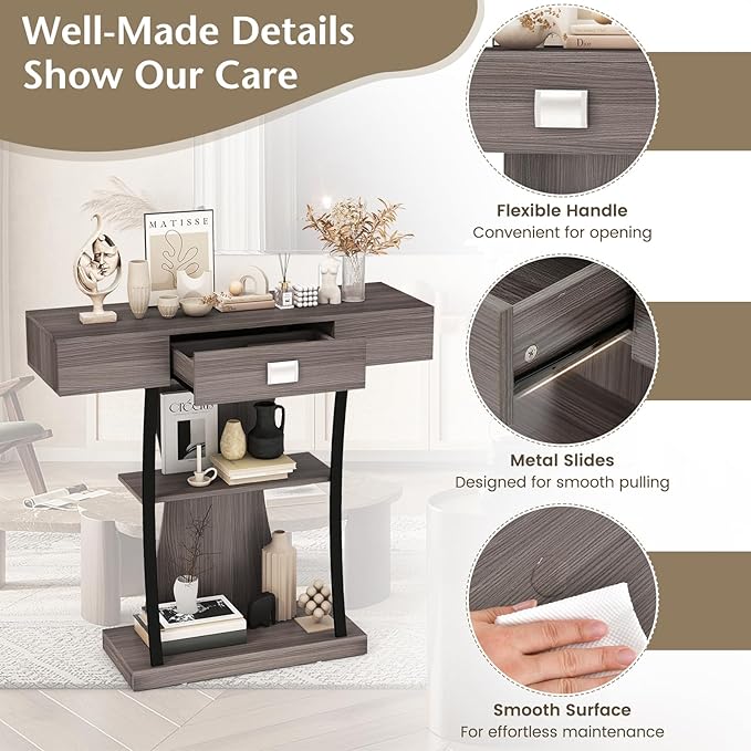Giantex Narrow Console Table T-Shaped - Behind Couch Table with Drawer, Shelves, Dual Anti-Tipping Kits, Modern Foyer Table, Sofa Side Table for Living Room, Entryway, Hallway, Entry Table (Gray)-NeatNest