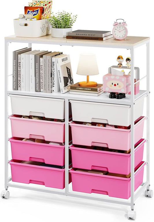8 Drawers Rolling Storage Cart with Wooden Top, Multipurpose Utility Cart with Opening Shelf & Lockable Wheels, Storage Drawer Cart Organizer for Home Office Craft Room Classroom, Pink
