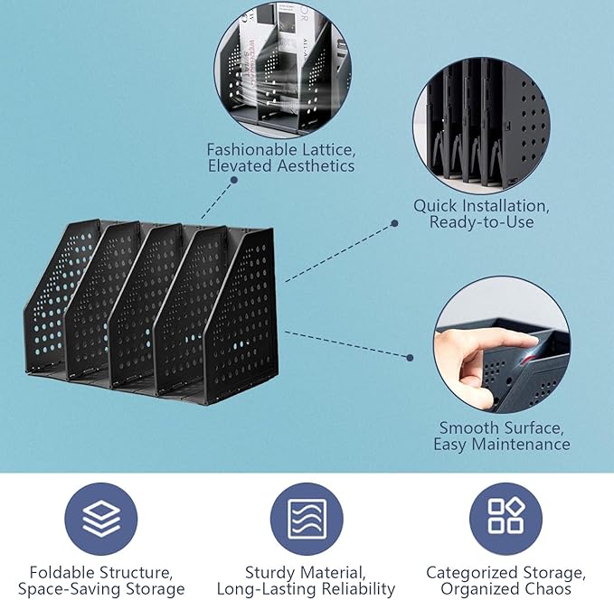 deli Collapsible Magazine File Holder 4 Vertical Compartment Binder Holder for Desk Organizer Adjustable Sturdy Binder Storage Organizer for Office School Home（Black）-NeatNest