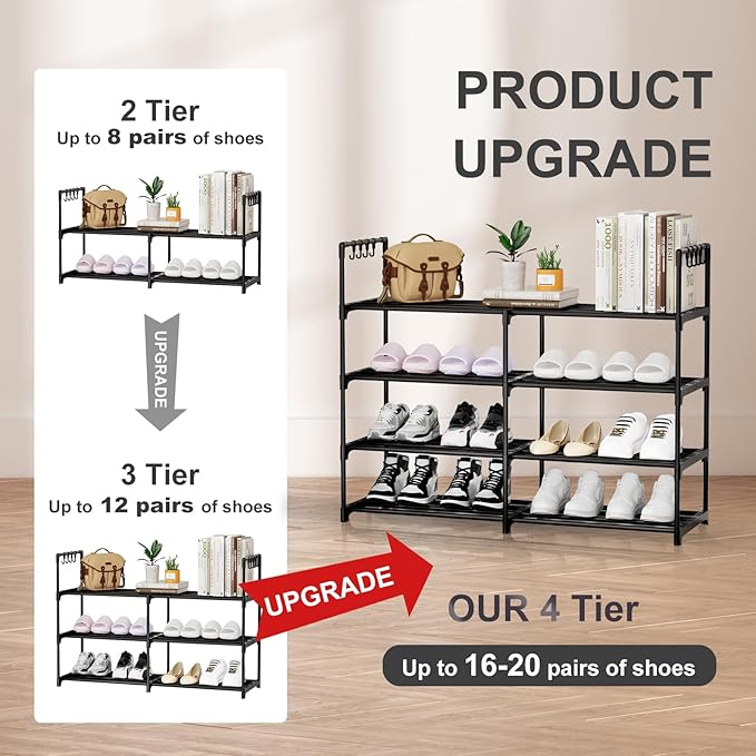 2 Rows 4 Tier Shoe Rack, Black Metal Stackable Shoe Shelf with Multifunctional Hooks, Hold 16-20 Pairs, Space Saving Shoe Organizer for Closet, Bedroom-NeatNest