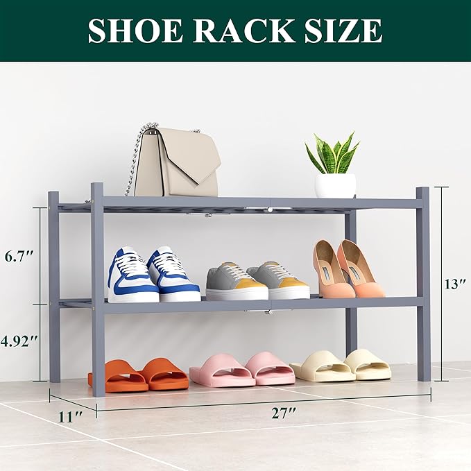 Smiry Shoe Rack, 2 Tier Thick Bamboo Shoe Organizer, Stackable Free Standing Wooden Shoe Storage Shelf for Closet, Entryway, Front Door Entrance, Grey-NeatNest