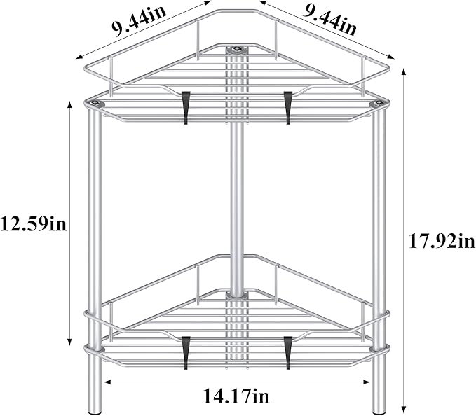 2 Tier Floor Standing Corner Shower Caddy Organizer Shelf with Hooks, Bathroom Shelves Stand Rack, Silver