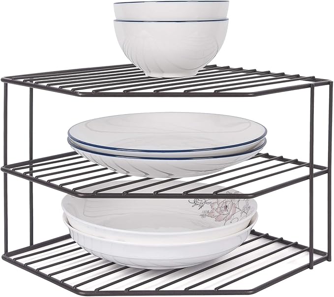 3-Tier Corner Shelf Counter and Cabinet Organizer - Steel Metal Wire - Rust Resistant - Plates, Dishes, Cabinet & Pantry Organizer - Kitchen Organization (10 x 7.5 Inch)(Black)