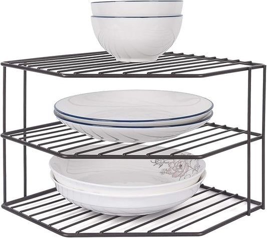 3-Tier Corner Shelf Counter and Cabinet Organizer - Steel Metal Wire - Rust Resistant - Plates, Dishes, Cabinet & Pantry Organizer - Kitchen Organization (10 x 7.5 Inch)(Black)