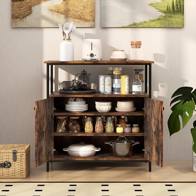 Buffet Cabinet, Industrial Storage Cabinet with Doors and Shelves, Wood Buffets & Sideboards, Farmhouse Coffee Bar, Rustic Console Table for Kitchen, Dining Living Room, Entryway-NeatNest