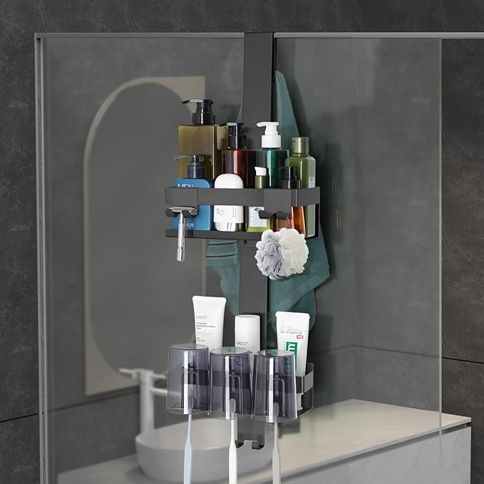 Over The Door Shower Caddy 2 Tier, 304 Stainless Steel Hanging Shower Caddy Rustproof Shower Shelves, No Drilling Hanging Shower Organizer for Bathroom Glass Door, Black