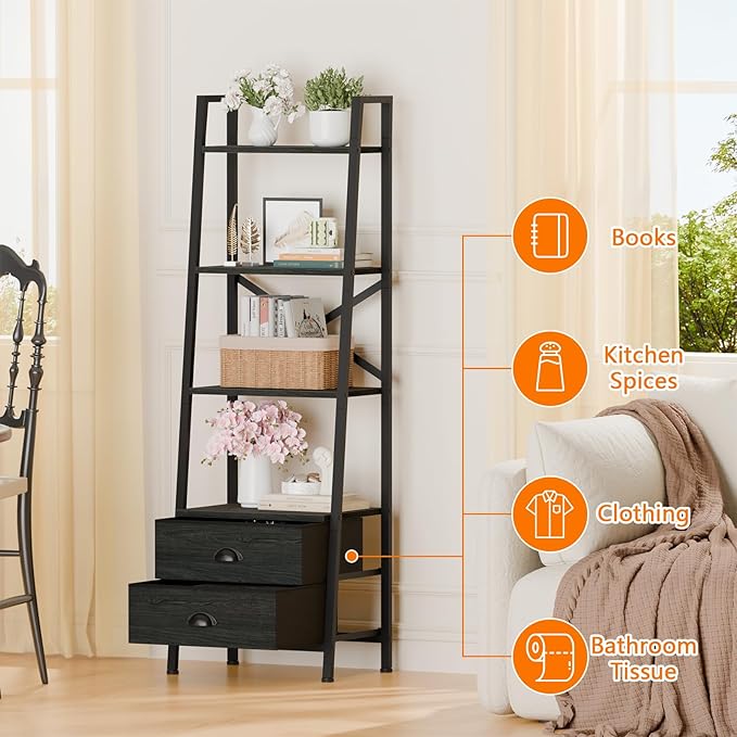 Furologee 4-Tier Ladder Shelf,Small Bookshelf with 2 Drawers,Vertical Bookcase Storage Rack Organizer,Rustic Bookshelves for Living Room,Bedroom,Bathroom,Home Office,Kitchen,Rustic Brown,Black Oak
