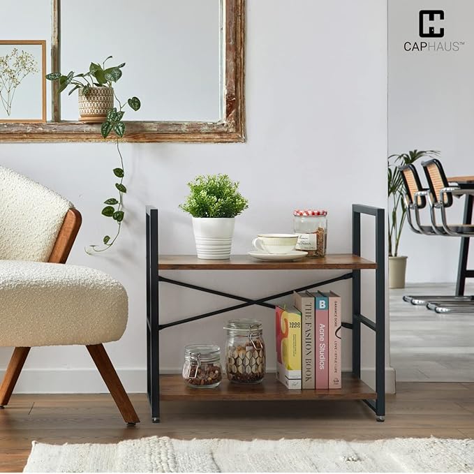 CAPHAUS 2 Tier Small Bookshelf, 24 Inch Width Free Standing Shelf, Bookcase Shelf Storage Organizer, Industrial Book Shelves for Home Office, Living Room, Rustic Oak Vintage Shelves & Metal Frame-NeatNest