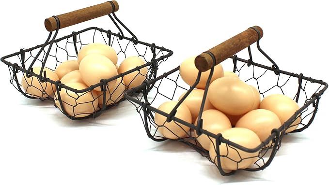 CVHOMEDECO. Chicken Wire Egg Baskets Rust Gathering Baskets with Wooden Handle Country Vintage Style Storage Baskets. Set of 2 (Square)