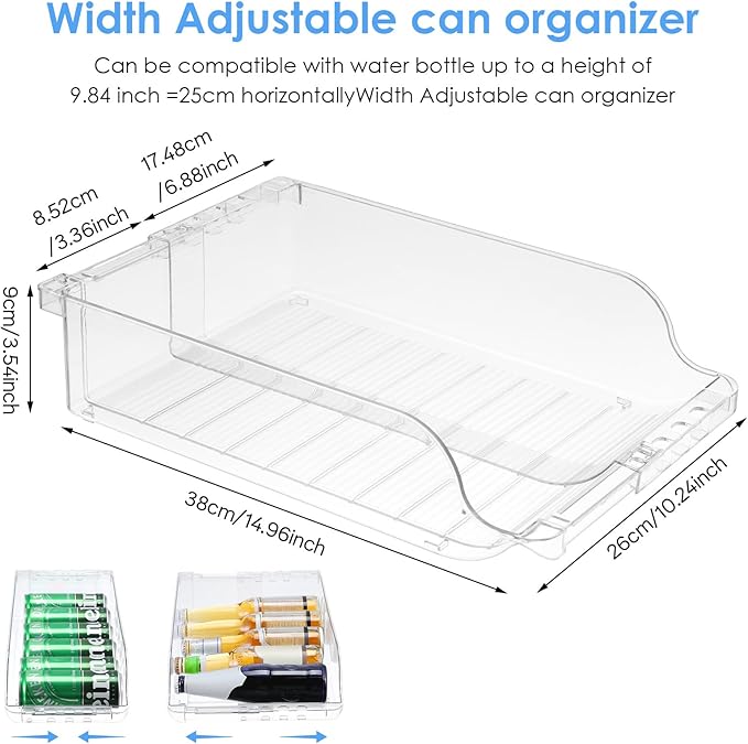 2 Packs Clear Width Adjustable Soda Can Organizer for Refrigerator Expandable Soda Can Dispenser for Beer Soda Seltzer Pop Can Soda Expand Organizer for Fridge Kitchen Pantry