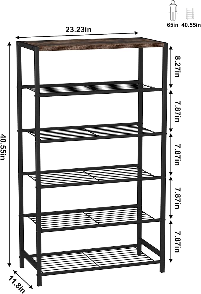 HOMEFORT Shoe Rack 6-Tier, Shoe Storage Shelf, Industrial Shoe Tower, Narrow Shoe Organizer for Closet Entryway, Small Shoe Rack Table with Durable Metal Shelves, Rustic Brown-NeatNest