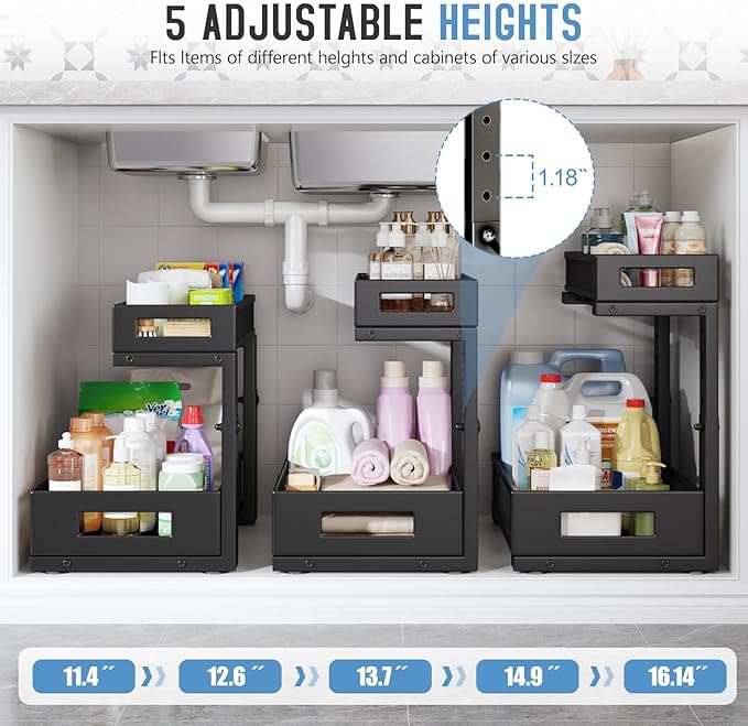 2-Pack Under Sink Storage Organizer, Large 2-Tier Elegant Mesh Pull Out Shelf for Kitchen and Bathroom Cabinet Organization, L-Shaped and Adjustable Height Design,Patent Pending-Black-NeatNest