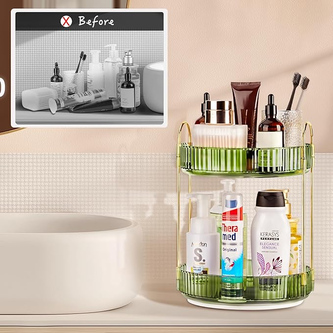 360 Rotating Makeup Organizer - Large Capacity Spinning Perfume & Cosmetic Skincare Holder for Vanity & Countertop (Gem Green, 2 Tier)-NeatNest