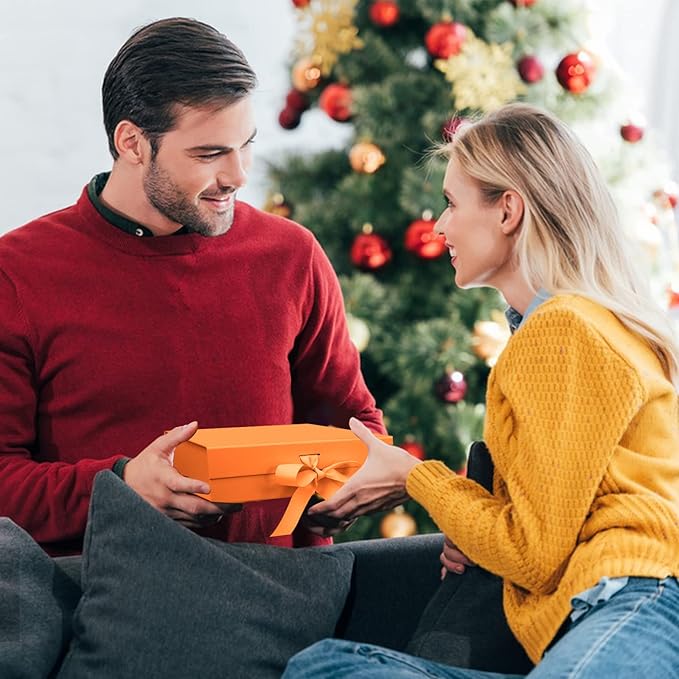 10.5"X7.5"X3.1" Orange Magnetic Gift Box with Lid and Ribbon for Presents-NeatNest