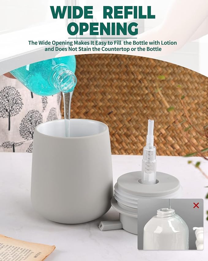 Bosilunlife Soap Dispenser Bathroom - Light Grey Ceramic Soap Dispenser Lotion Pump Dish Soap Dispenser for Kitchen 12oz Refillable Liquid Hand Wash Dispenser for Bathroom (Rubber Paint)-NeatNest