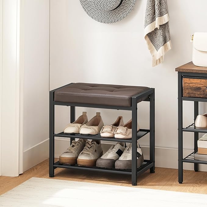HOOBRO Small Shoe Bench, 3-Tier Shoe Rack, Shoe Storage Bench with PU Seat Cushion, Entryway Shoe Rack Bench with Metal Mesh Shelves, Freestanding Shoe Organizer for Hallway, Brown CB33HX01