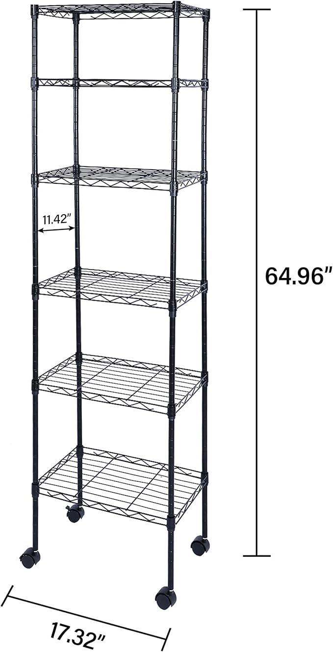 HealSmart Heavy Duty 6-Tier Storage Shelves, 17'' D x 11'' W x 63'' H Adjustable Shelving Unit with Wheels and Hanging Hooks, Black