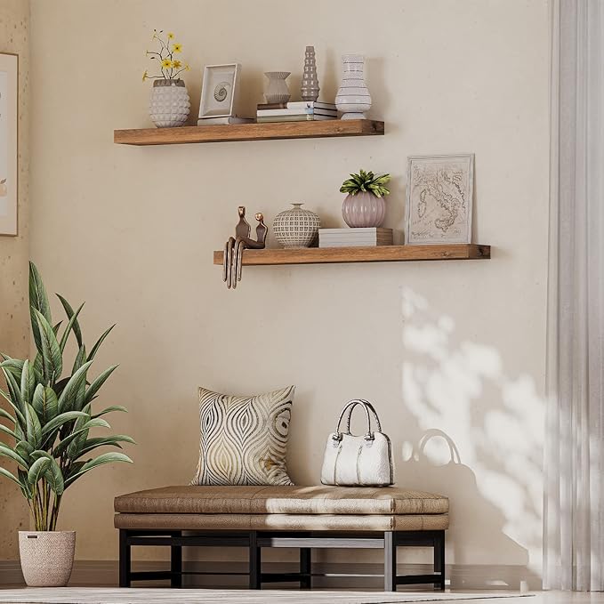 HOOBRO Floating Shelves for Wall, Wall Mounted Shelf Set of 2, 47.2" Hanging Shelf with Invisible Brackets, for Wall Bathroom, Bedroom, Toilet, Kitchen, Living Room, Office, Rustic Brown BF120BJP201-NeatNest