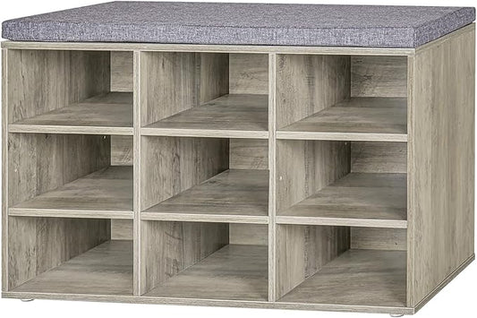 DINZI LVJ Shoe Bench, 9 Cubbies Shoe Organizer for Entryway, Storage Bench with Cushion, Cubby Shoe Rack with Adjustable Shelves for Living Room, Bedroom, Mudroom, Hallway, Gray Wash-NeatNest