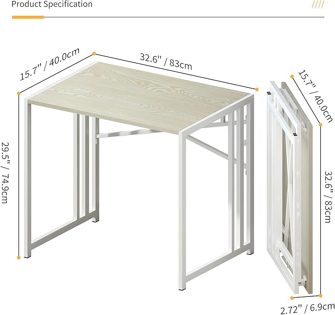 32 inch Small Folding Desk, Writing Gaming Computer Camping Desk for Small Spaces, No Assembly Required Home Office Desk, Natural and White-NeatNest