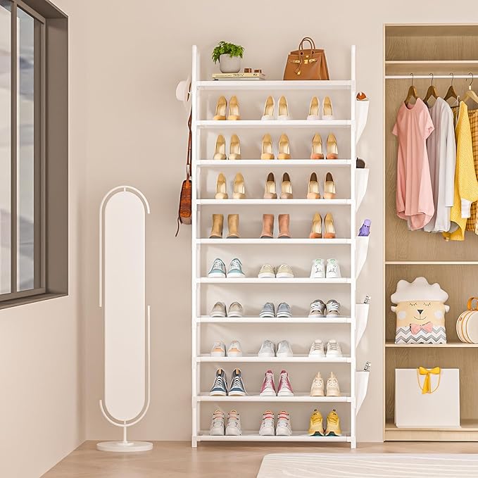 Tall Shoe Rack 10 Tier Shoe Racks Organizer for Closet 30-35Pairs,Large Capacity Storage Rack for Shoes with 5Hooks and Side Pocket,Sturdy Metal Shoe Shelf, Vertical Shoe Stand Tower-NeatNest