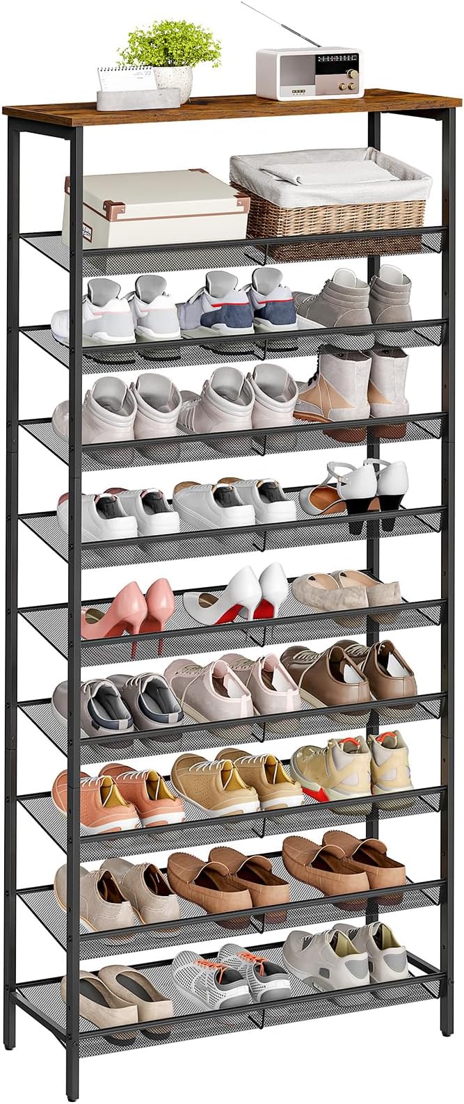 HOOBRO 10-Tier Shoe Rack, 29.5"L Shoe Shelf, Large Capacity Shoe Storage Organizer for 27+ Pairs of Shoes, Front Door Entrance, Entryway, Hallway, Closet, Space Saver, Rustic Brown and Black BF110XJ01-NeatNest