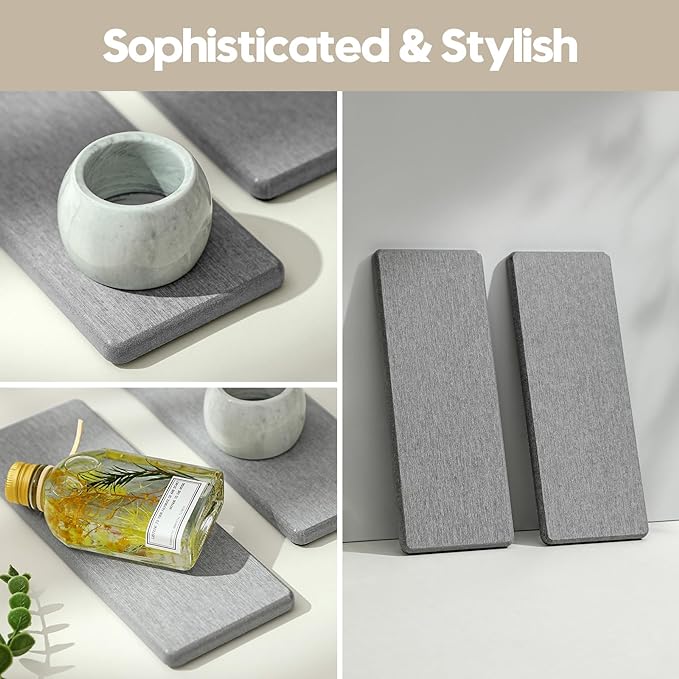 2PCS Bathroom Counter Vanity Trays, Water Absorbing Diatomite Stone Quick Drying Mat for Kitchen Sink Counter, Dish Rack Soap Dispenser Sponge Holder Caddy Organizer, Light Gray, 9"x 3.5"-NeatNest