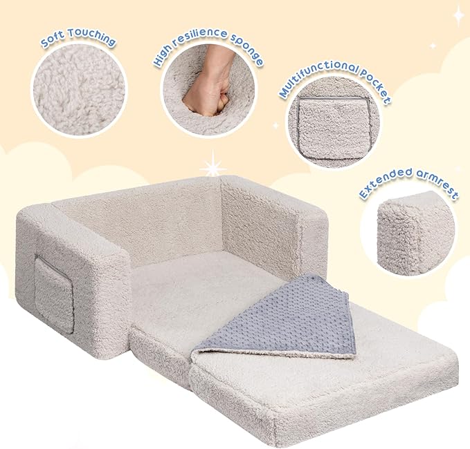 ALIMORDEN Fold Out Toddler Couch, Extra Wide Comfy 2-in-1 Cuddly Sherpa Sofa for Kids, with Removable Baby Friendly Blanket, Convertible Sofa to Bed, Light Grey-NeatNest