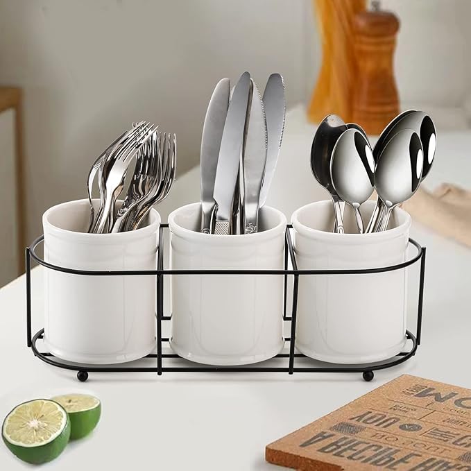 Bekith 3-Piece Ceramic Silverware Caddy with Metal Rack, Utensil Holder Flatware Caddy Cutlery Storage Organizer for Kitchen Table, Cabinet or Pantry-NeatNest