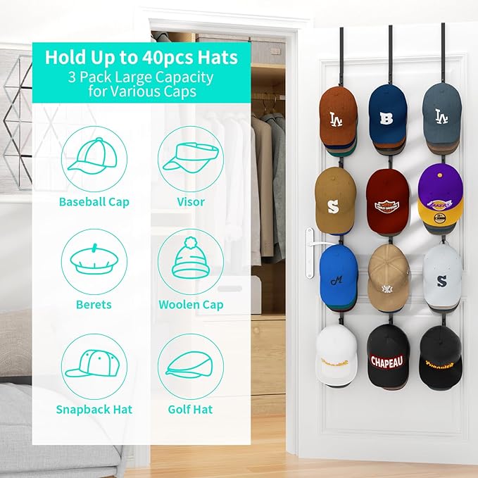 HapiRm Over Door Hat Rack - 3 Packs Hat Organizer with 12 Hooks Design, Hanging Baseball Cap Organizer Storage Holds Up to 60 Caps for Door, Bedroom, Closet (Black)-NeatNest