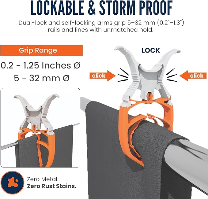 Orange - 6-Pack Towel Clip - Large Clips for Towels and Clothes - Storm Proof & Lockable Clothespin - Multi- Purpose Towel Clips for Chairs, Boat, RV, Camping, Stroller, Beach Chair