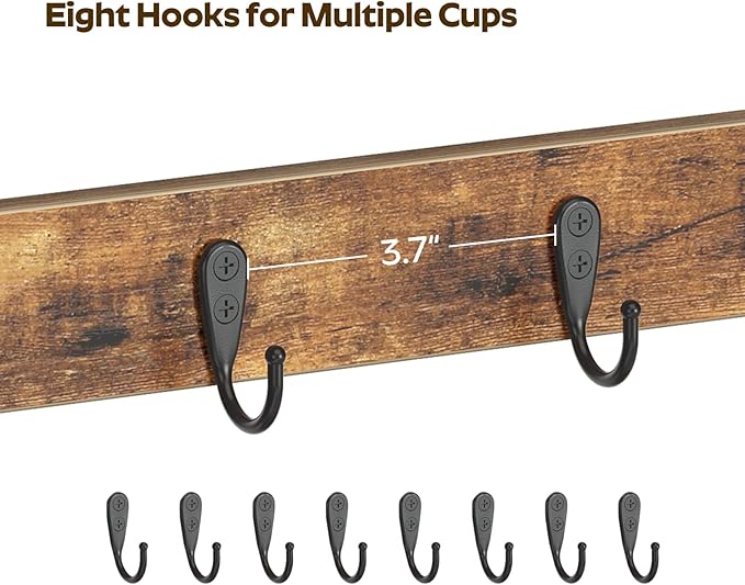 Coffee Mug Holder for Counter, 2 Tier Mug Tree Rack, with 8 Hook and 2 Open Shelves, Vintage Mug Holder Stand for Home Kitchen, Rustic Brown MH43BR-NeatNest