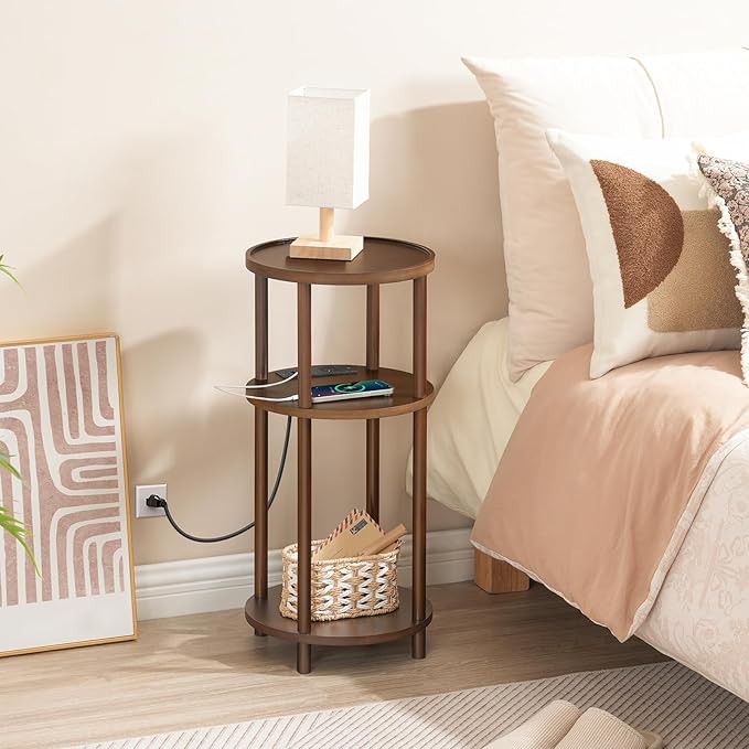 HOOBRO Set of 2 Small Round Side Tables with Charging Station, 3-Tier Round Bamboo End Tables, Compact Sofa Bedside Tables, Easy Assembly, for Living Room, Bedroom, Apartment, Mocha MA152UBZP201