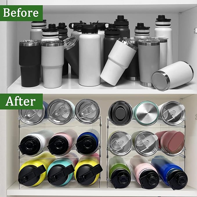 3 Pack Water Bottle Organizer, Stackable Kitchen Home Organization and Storage Rack, Plastic Cup Storage Organizer for Kitchen Cabinet Cupboard Organizer and Storage Cup Rack for Counter-NeatNest
