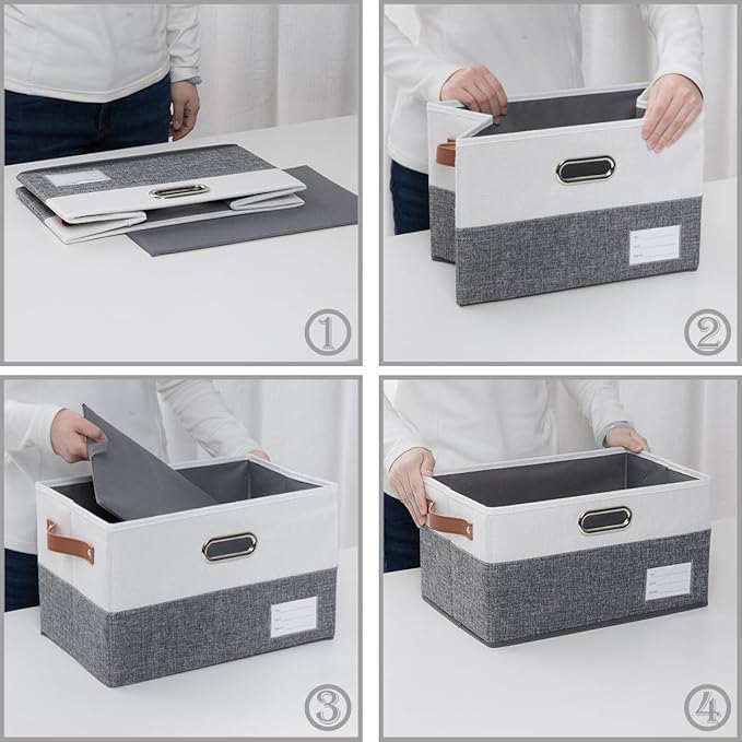 PRANDOM Foldable Storage Bins with Handles [3-Pack] Fabric Collapsible Storage Boxes Baskets Cubes Containers with Handles for Closet Living Room Bedroom (Grey & White 14.9x9.8x8.3'')-NeatNest