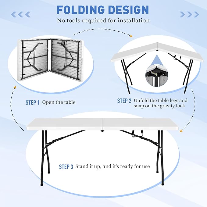 6ft Folding Table, Heavy Duty Foldable Table with Handle, Portable Fold-in-Half Utility Tables for Indoor & Outdoor Use Perfect for Camping BBQ Party Wedding Market Events, White-NeatNest