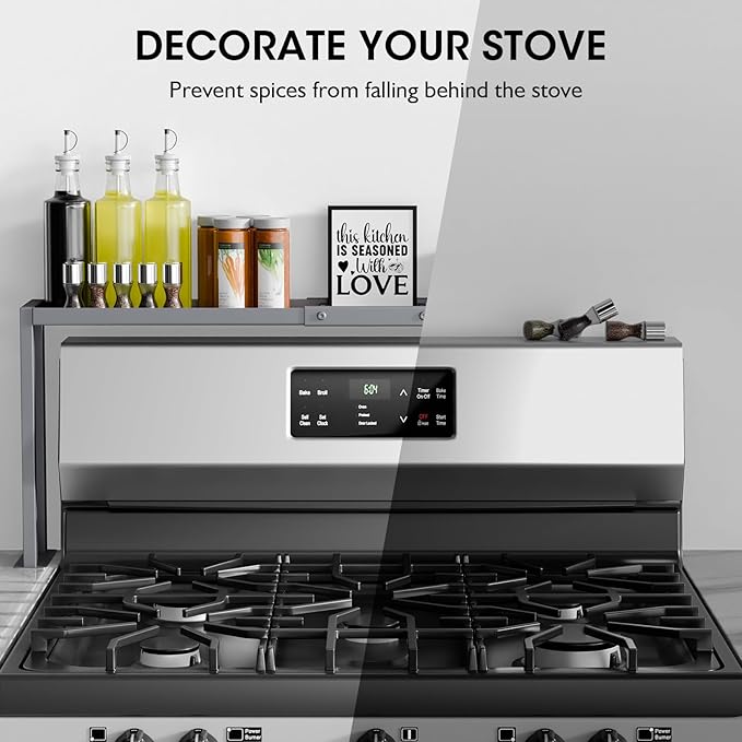 Bumusty Spice Rack Shelf for Kitchen Stove, 32" Stove Top Shelf, Adjustable Oven Spice Rack, Seasoning Organizer Kitchen Shelves, Grey-NeatNest