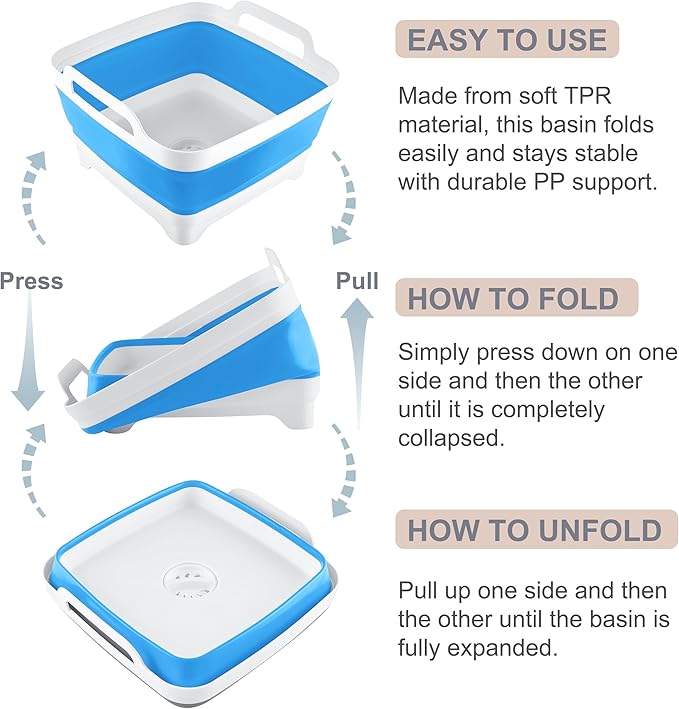 2.4 Gal(9L) Collapsible Dish Basin with Drain Plug, Space Saving Outdoor Multiuse Foldable Sink Tub, Dishpan, Kitchen Storage Tray for Camping, Vegetable Washing, RV (Blue)-NeatNest