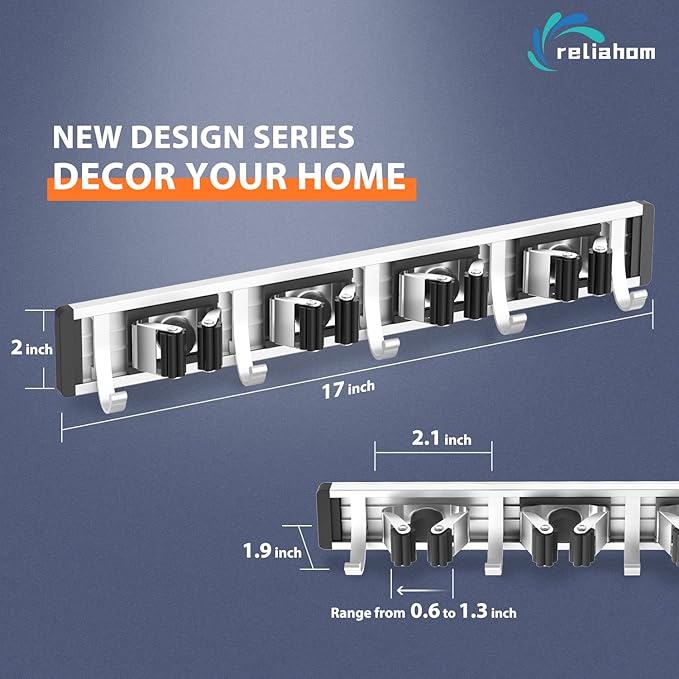 Broom Holder Wall Mount Mop and Broom Hanger Wall Mounted Garage Storage Rack Kitchen Garden Tool Organizer (4 Racks with 5 Hooks, Black)-NeatNest